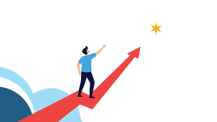Obraz premium Young person standing on a large red arrow reaching toward a golden star in the sky representing high ambitions and reaching for the dreams.