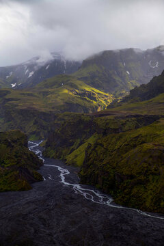 Thorsmork Iceland dramatic glacial mountains sun cloudbreak