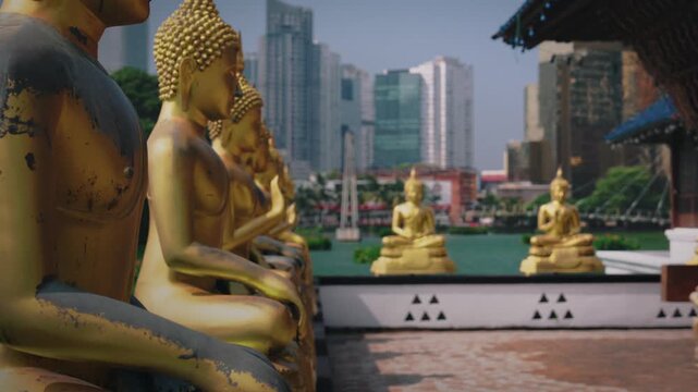 Golden Buddha Statue with Colombo Skyline Background Sri Lanka