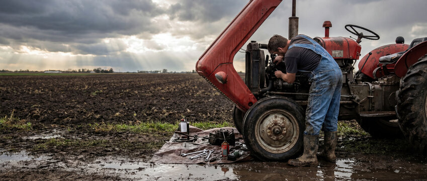 Farmer repairing tractor engine working in muddy field