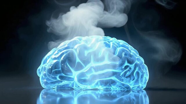 Glowing blue human brain emitting smoke on reflective surface. Lockdown shot of anatomical organ model with internal light.