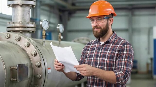 Engineer reviewing technical documentation near industrial machinery. Professional male technician in hard hat and safety glasses checking blueprints in factory. Static medium shot.