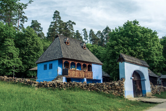 Astra National Museum Complex in the city of Sibiu, Romania. Picture of an old Romanian village with old dilapidated houses.