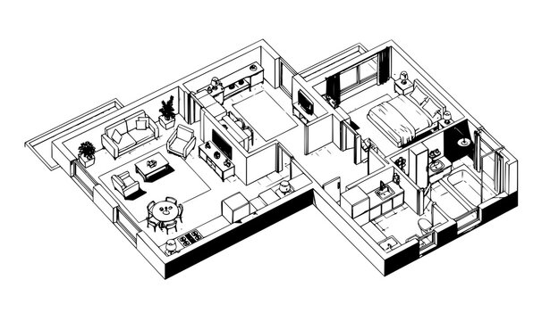Black and White 3D Home Floor Plan Top View Architectural Illustration