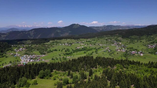 Footage of mountain villages and plateaus located among trees in pine forests.