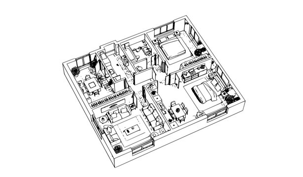 Architectural 3D Residential Floor Plan Top View Black and White Illustration