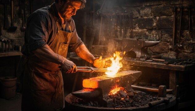 Medium shot of a blacksmith heating carbon steel billets in a forge preparing to hammer and shape resilient knife blades with sparks flying in a traditional workshop setting.