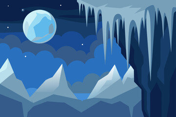 Obraz premium Icicles Hanging From Rocky Cliff Under Moonlight Scene