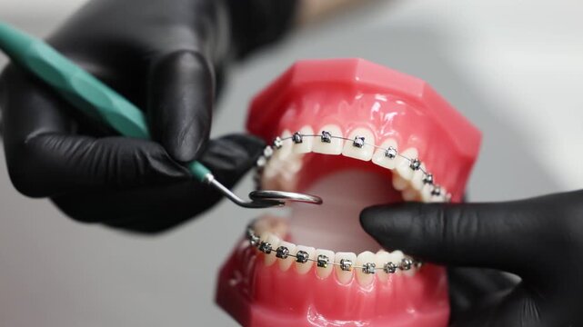 Orthodontic jaw model with brackets inspected by gloved hand and dental mirror