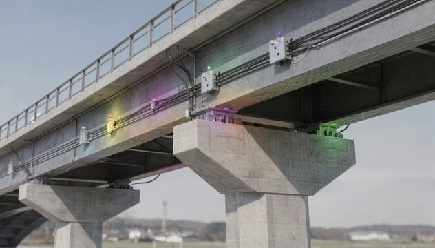 Medium shot of a bridge section with embedded strain sensors capturing realtime structural deformation for safety analysis and maintenance planning.