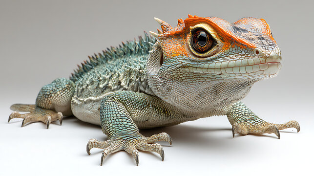 Studio close-up of tuatara showcasing prehistoric dragon-like features sharp lighting pure white background 