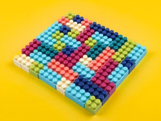 Close up of colorful Lego blocks with space for text over yellow background © Liada