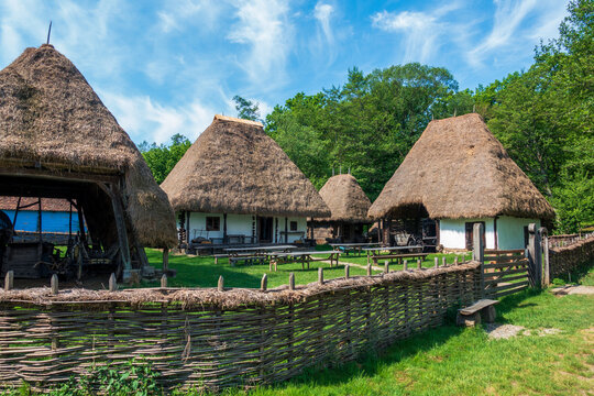 Astra National Museum Complex in the city of Sibiu, Romania. Picture of an old Romanian village with old dilapidated houses.