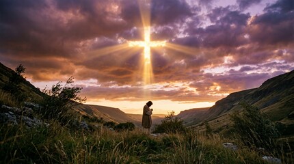 Fototapeta premium Man Praying Under Divine Light Cross in Valley