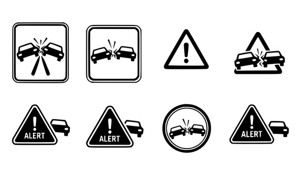 Car Crash Warning Icon Set &ndash; Isolated Vector for Safety Posters and Web