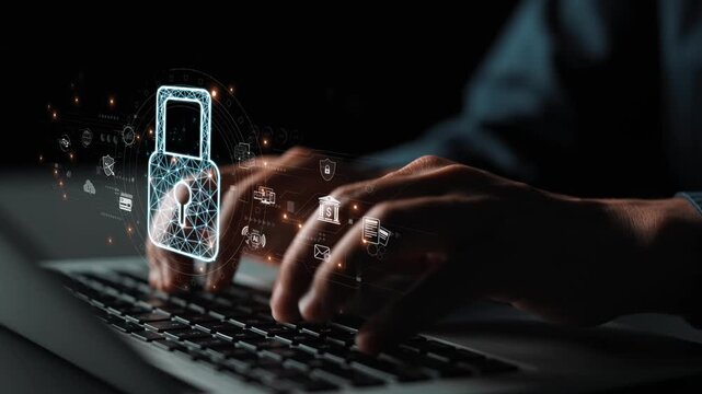 Cybersecurity protection system showing password encryption, fingerprint ID, cloud security, email, credit card, and database lock for secure data access Marrow