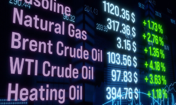 Strong rising gas and crude oil prices, abstract screen, energy crisis. Commodity trading, stock market, exchange, risk, analyzing, trading strategy, oil industry.