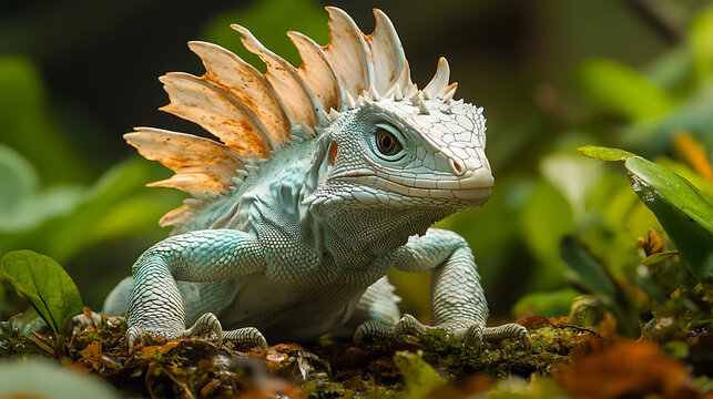High-definition photo of basilisk lizard mid-run with frilled head and flared limbs dragon resemblance white scene 