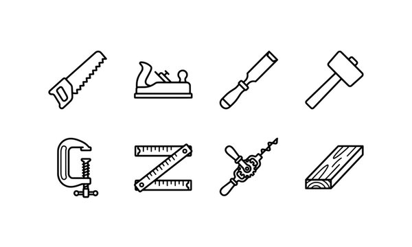 Essential woodworking tools vector icons isolated on white background