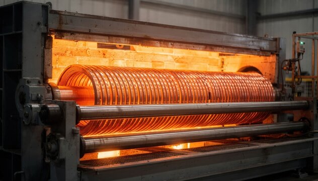 Medium shot of copper coils moving through a continuous furnace demonstrating efficient recrystallization annealing to soften and improve flexibility.