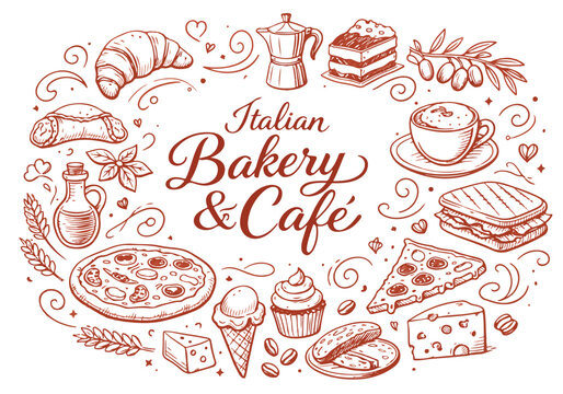 Italian Bakery and Cafe Concept with Hand Drawn Pizza, Pastry, Coffee and Dessert Doodles