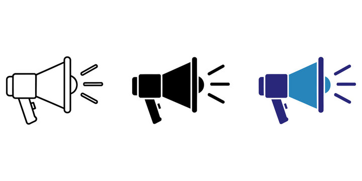 A set of three stylized megaphone icons representing communication and announcement in various styles