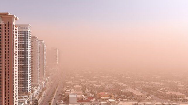 Thick brown smog covers urban buildings and skyline in dense haze leading to low visibility in city