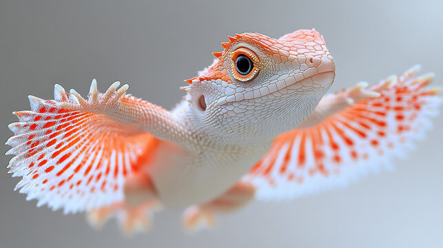 Close-up of a Draco lizard gliding mid-air with its wing-like membranes extended vivid colors sharp white background 