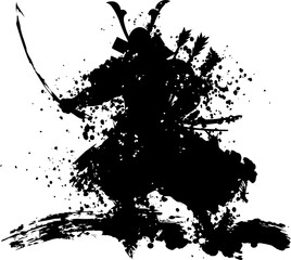Obraz premium samurai warrior ink splatter silhouette in dynamic pose with sword drawn, traditional armor art