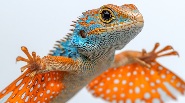 Close-up of a Draco lizard gliding mid-air with its wing-like membranes extended vivid colors sharp white background 