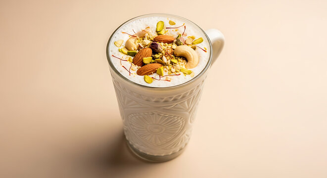 Traditional Indian saffron thandai or badam milk beverage in an ornate ceramic mug topped with whole almonds crushed pistachios cashews and saffron strands on a neutral beige background
