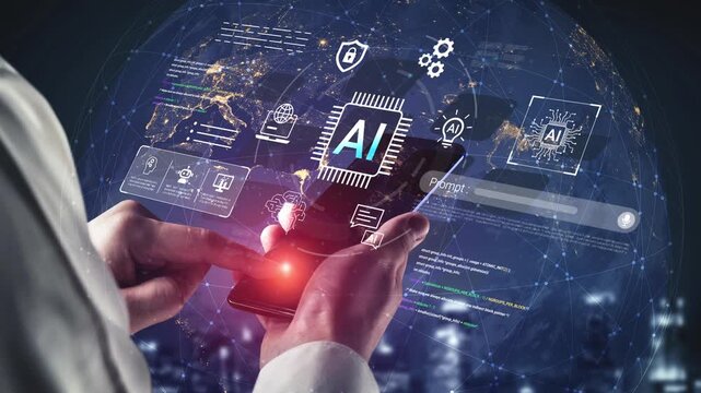 Hands of a business professional interacting with a smartphone displaying artificial intelligence icons and digital interface against a futuristic technology background Gluon.