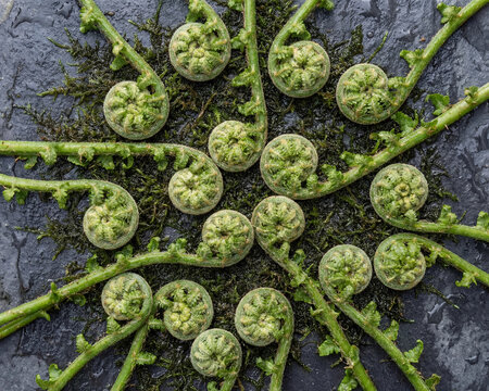 Fern fiddleheads arranged in a spiral pattern on dark stone surface