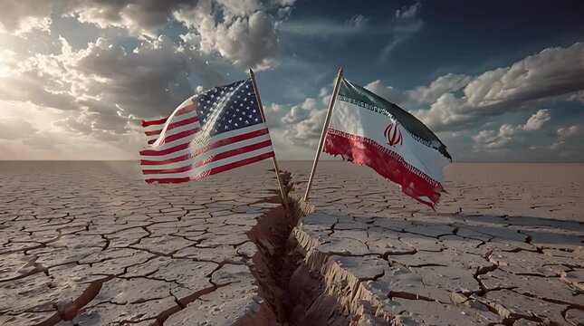 USA and Iran Flags Separated by Deep Crack in Dry Barren Earth