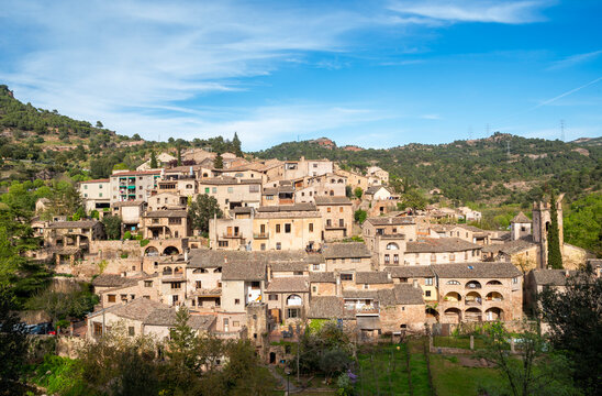 Panoramic view of Mura medieval old town, Bages region, Barcelona Province, Catalonia, Spain