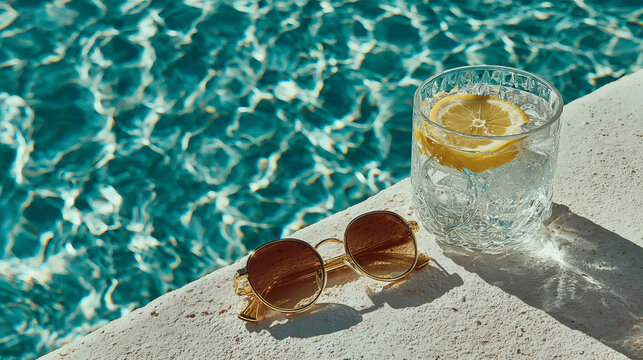 Luxury summer lifestyle at poolside terrace with sunglasses and sparkling water with sunlight refraction.