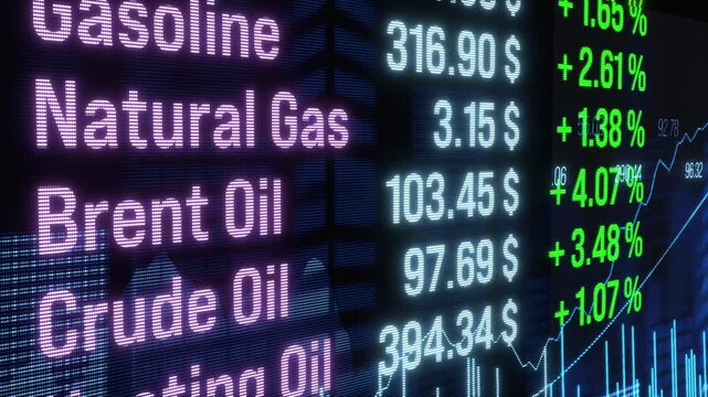 Strong rising gas and crude oil prices, abstract screen, energy crisis. Commodity trading, stock market, exchange, risk, analyzing, trading strategy, oil industry.