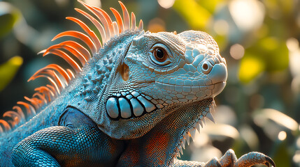 Fototapeta premium Bright capture of green iguana with raised dorsal spines and calm gaze intense textures white studio background 