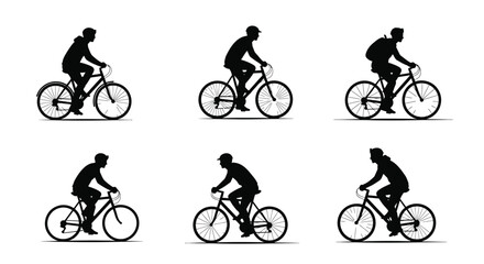 Obraz premium Six depictions of cyclists riding bicycles in various poses silhouette