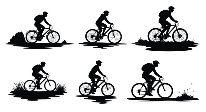 Mountain bikers in various poses and terrains a striking black silhouette