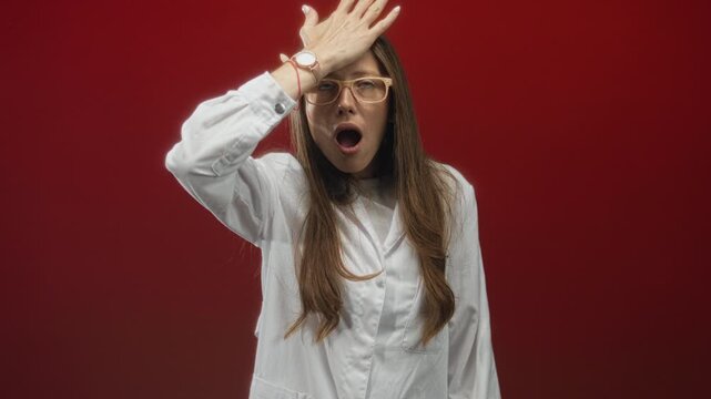 Woman scientist in white lab coat and glasses with hand on forehead and open mouth in red studio; surprise forgetfulness.