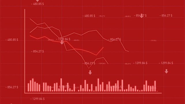 Red diagram with falling graphs, random stock market data moving down, recession, loosing money, market crash. Bar graph, business, trading, investment, financial report, analyzing, market research.