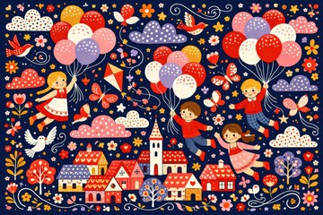 Naklejka premium Illustration of joyful children flying with balloons over a sweet village
