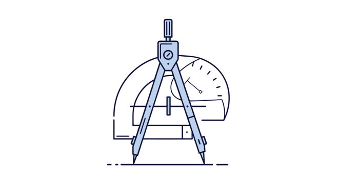 Geometric drawing tools including a metal compass and a protractor are shown as line art representing engineering and mathematics.