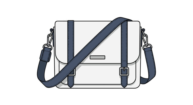 Classic white messenger bag with dark navy blue straps and metal buckles is illustrated as a stylish accessory for work or travel.