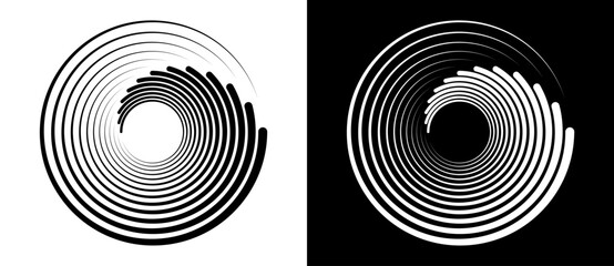 Abstract circular spiral pattern with dynamic concentric lines. Minimalist vector illustration of swirling vortex shape isolated on black and white backgrounds.