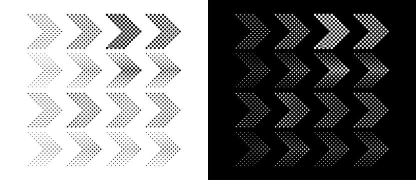 Abstract arrow pointer set with halftone effect in various geometric shapes. Minimalist vector navigation icons with dots, squares and stars isolated on black and white backgrounds.