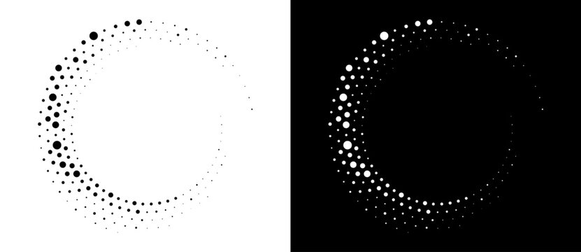 Abstract circular halftone pattern with dynamic swirling dots. Minimalist vector illustration of digital vortex shape isolated on black and white backgrounds.