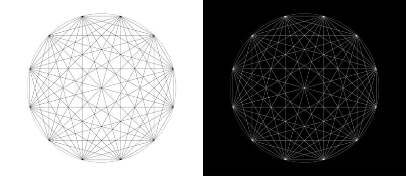 Abstract geometric circular pattern with complex line network. Minimalist vector illustration of sacred geometry mandala isolated on black and white backgrounds.