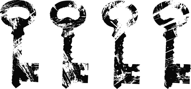 Vintage distressed black skeleton keys silhouettes grunge textured old fashioned key shapes vector